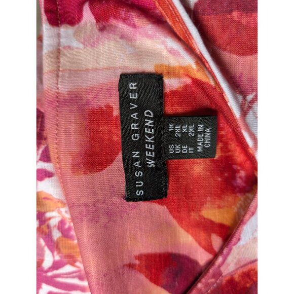 Susan Graver Weekend V-Neck Floral Print Short Sleeve Top Pink/Red XL Womens - Picture 4 of 7